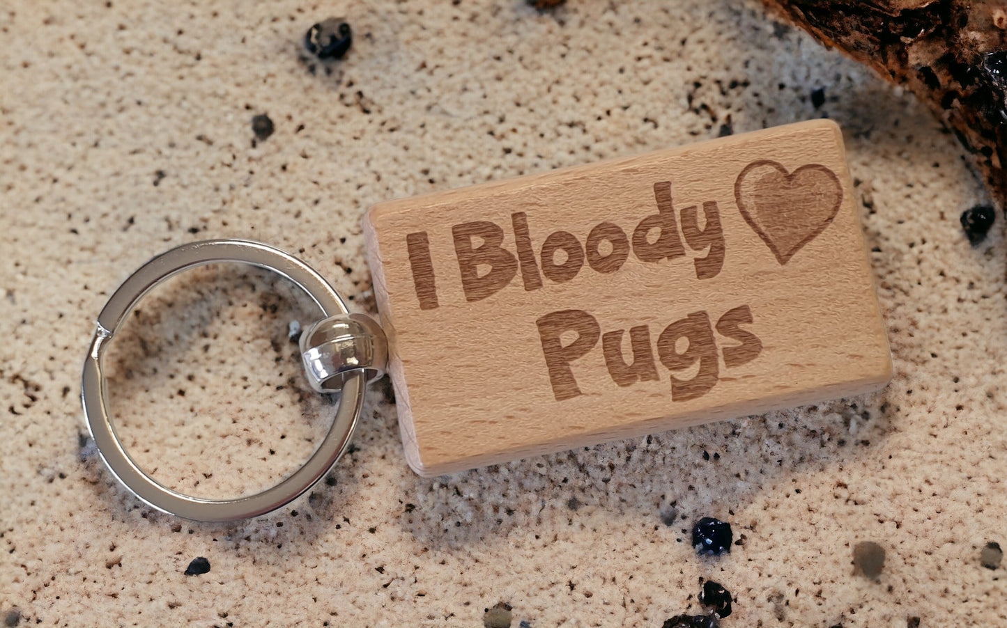 Pug Keyring Gift - I Bloody Love Heart - Cute Engraved Wooden Key Fob Fun Novelty Nice Dog Owner Present