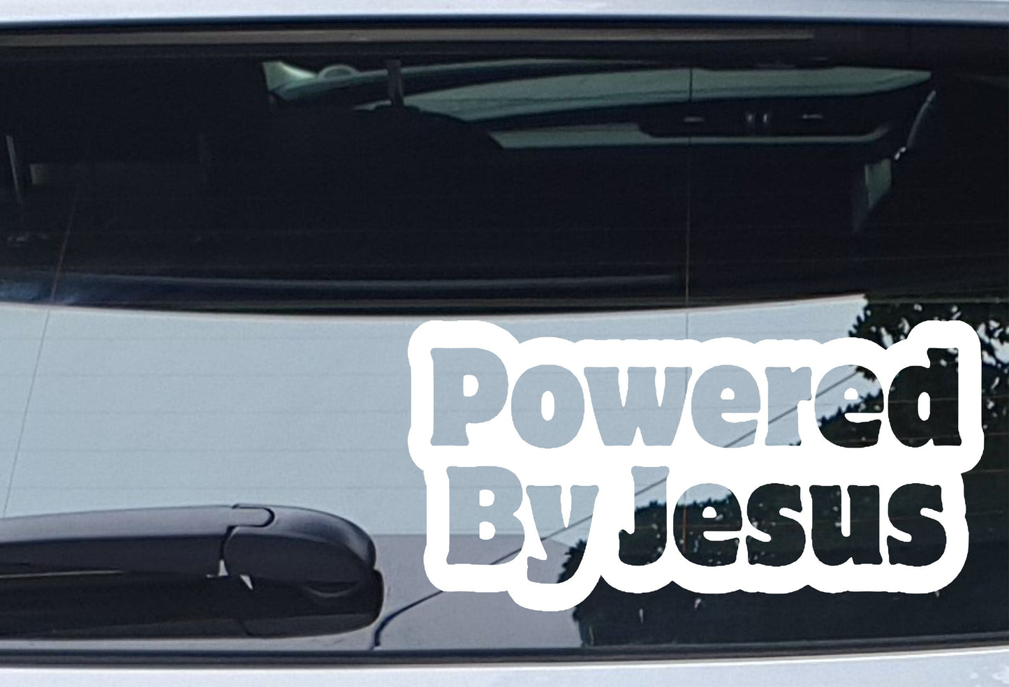 Car Sticker Powered By Jesus Fun Cute Religion Novelty Van Window Bumper Boot Door Decal Present Gift