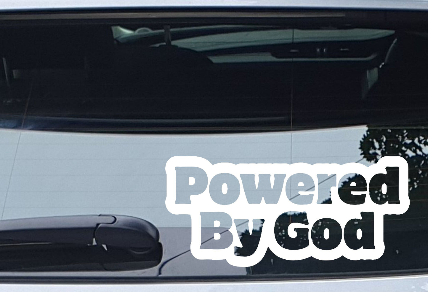 Car Sticker Powered By God Fun Cute Religion Novelty Van Window Bumper Boot Door Decal Present Gift
