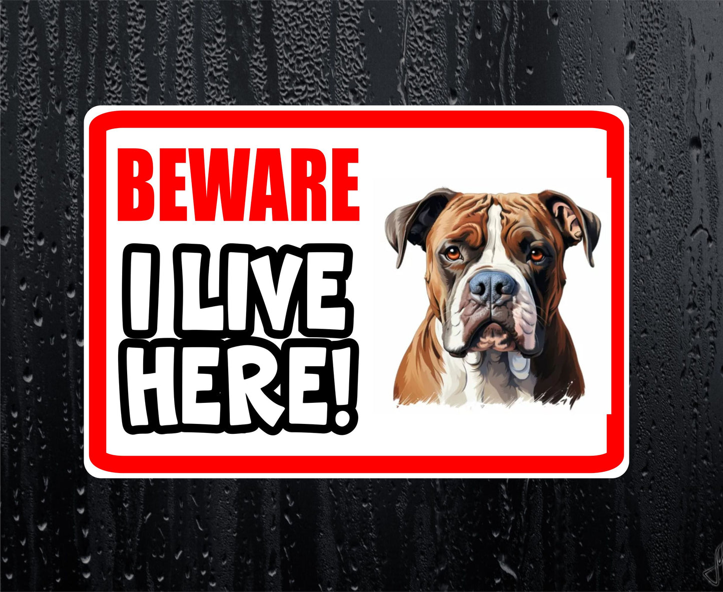 American Bulldog Sticker - Beware I Live Here - Cute House Home Window Door Porch Dog Warning Decal