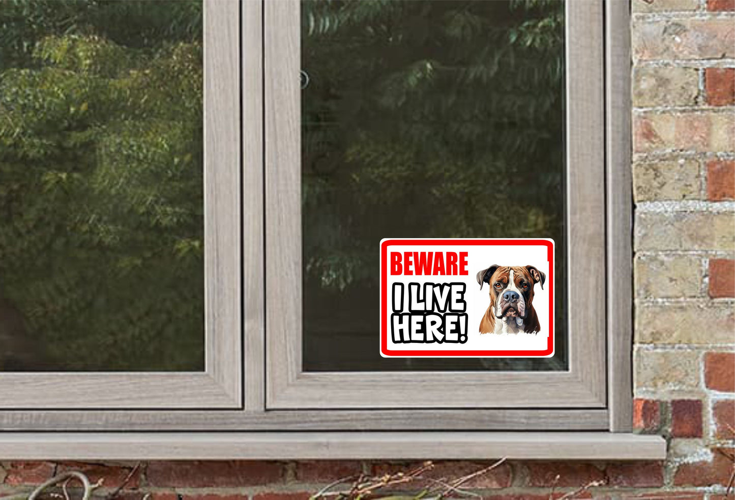 American Bulldog Sticker - Beware I Live Here - Cute House Home Window Door Porch Dog Warning Decal
