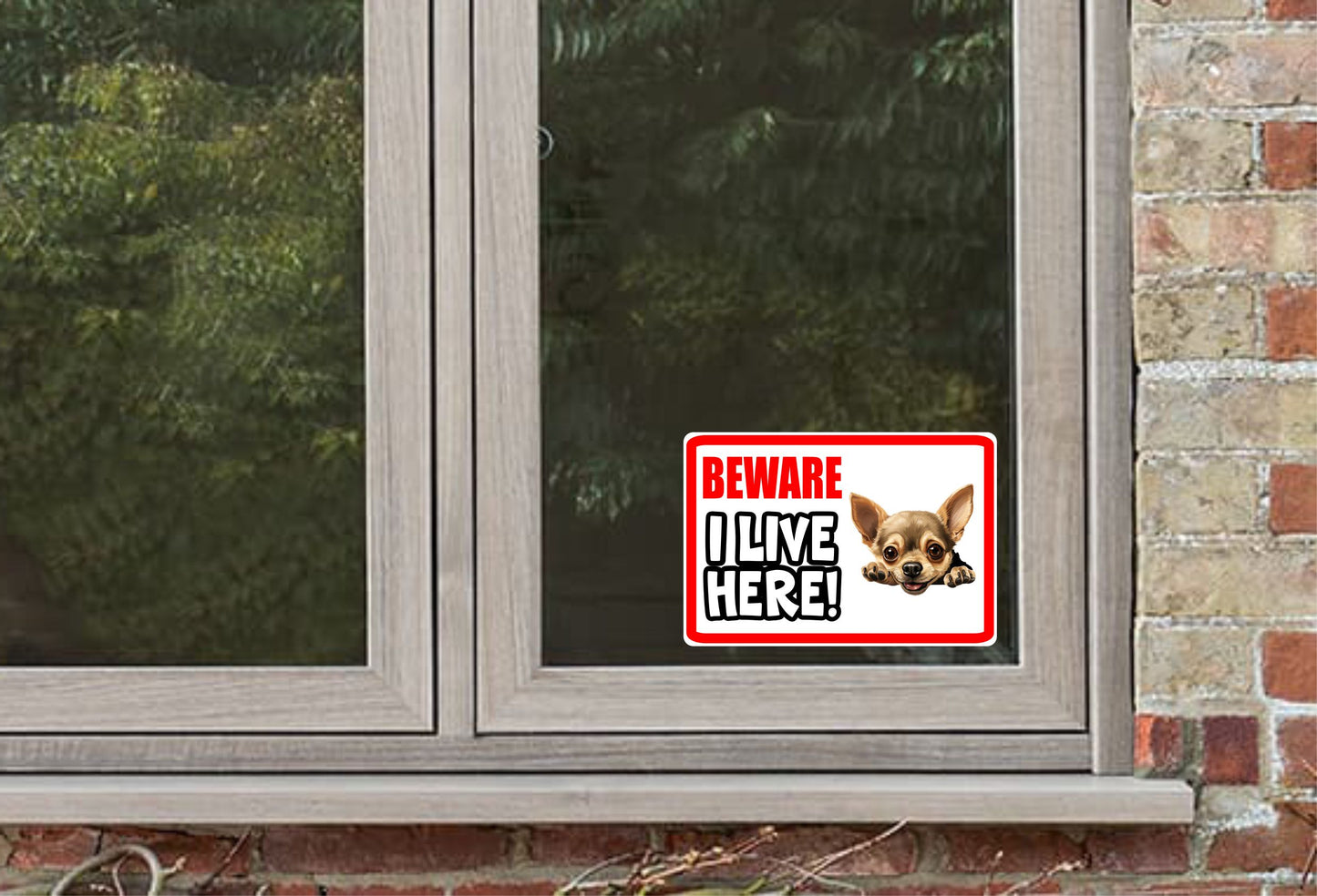 Chihuahua Sticker - Beware I Live Here - Cute House Home Window Door Porch Dog Warning Decal