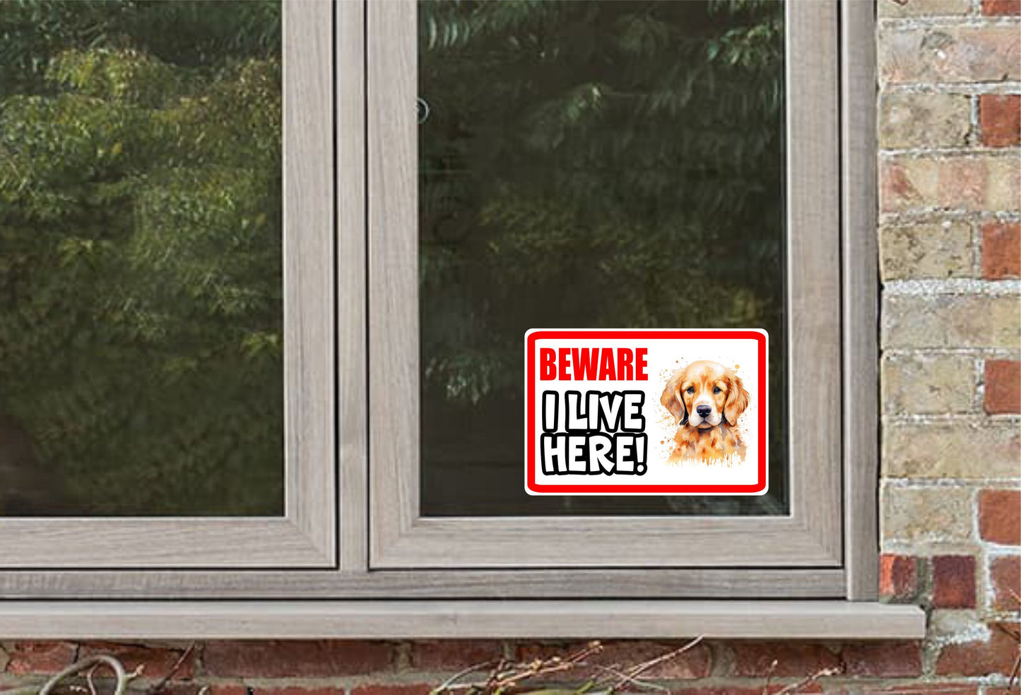 Golden Retriever Sticker - Beware I Live Here - Cute House Home Window Door Porch Dog Warning Decal