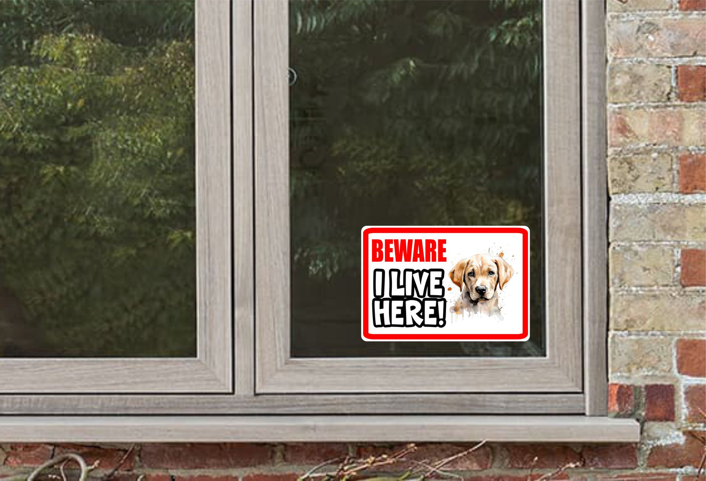 Labrador Retriever Sticker - Beware I Live Here - Cute House Home Window Door Porch Dog Warning Decal