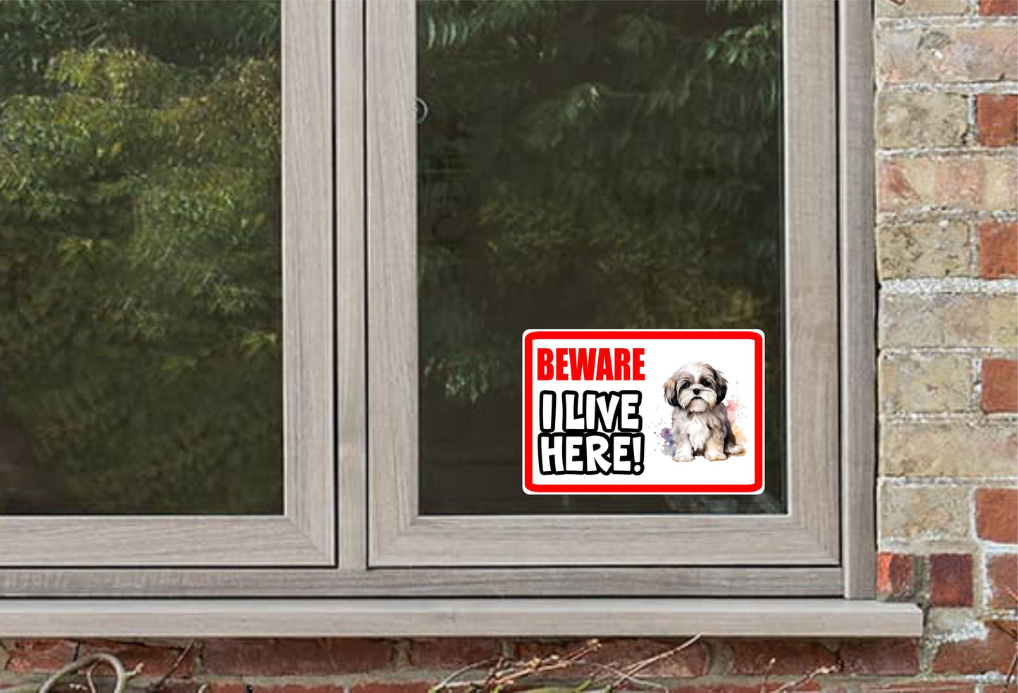 Lhasa Apso Sticker - Beware I Live Here - Cute House Home Window Door Porch Dog Warning Decal