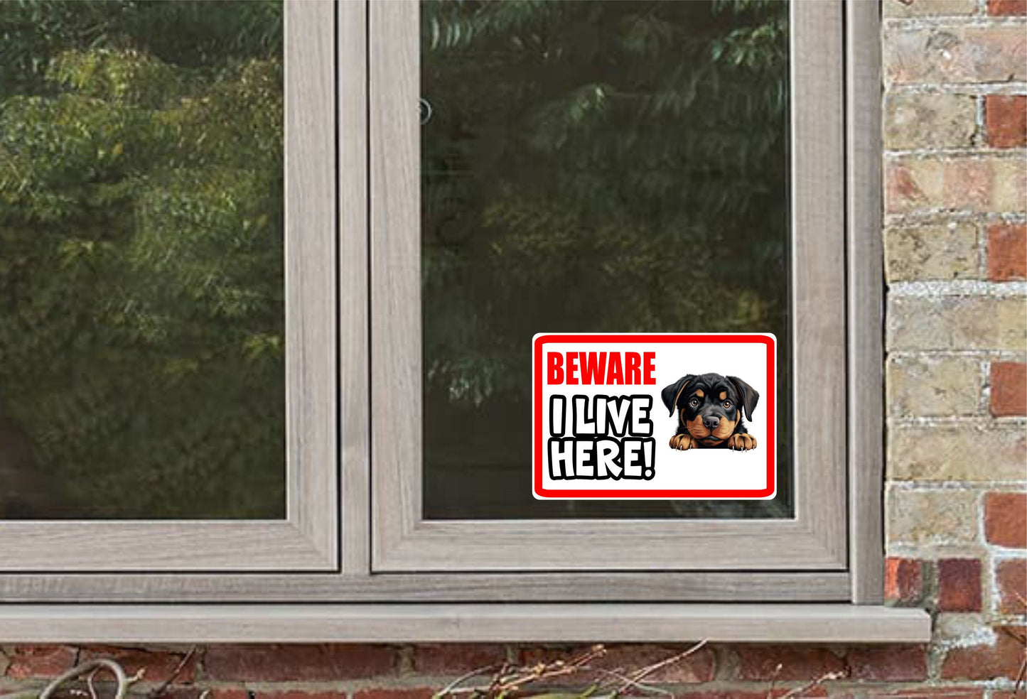 Rottweiler Sticker - Beware I Live Here - Cute House Home Window Door Porch Dog Warning Decal