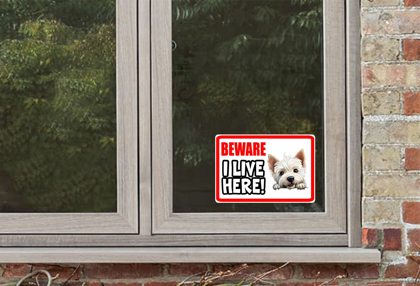 Westie Sticker - Beware I Live Here - Cute House Home Window Door Porch Dog Warning Decal