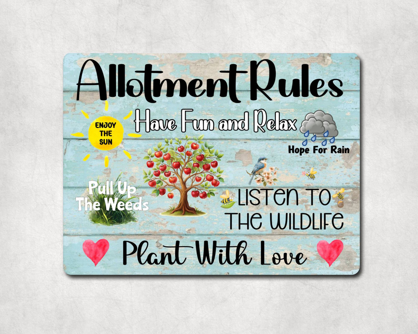 Garden Metal Sign Gift - Allotment Rules - Plant With Love - BLUE WOOD - Cute Fun Novelty Family Aluminium Present