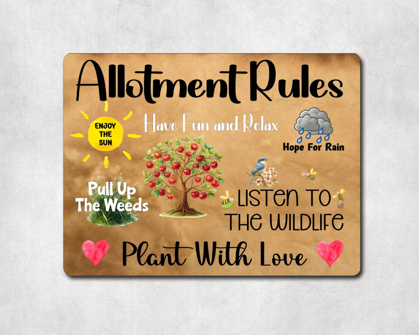 Garden Metal Sign Gift - Allotment Rules - Plant With Love - Brown - Cute Fun Novelty Family Aluminium Present (Copy)