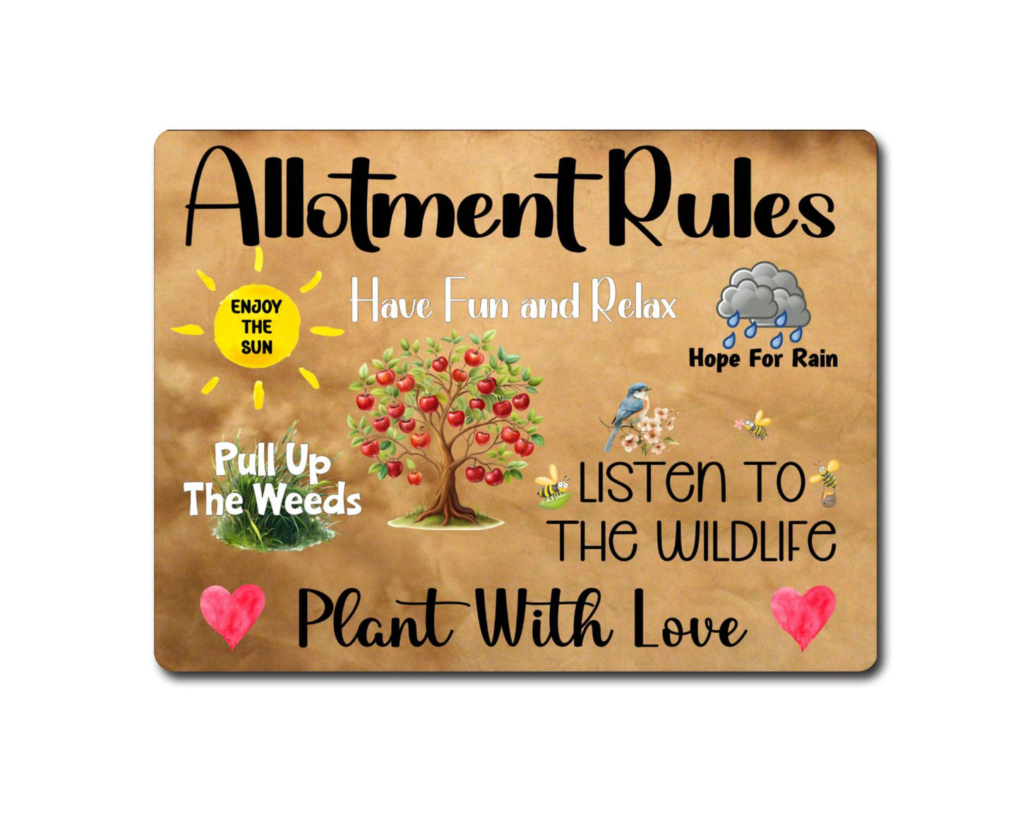 Garden Metal Sign Gift - Allotment Rules - Plant With Love - Brown - Cute Fun Novelty Family Aluminium Present (Copy)