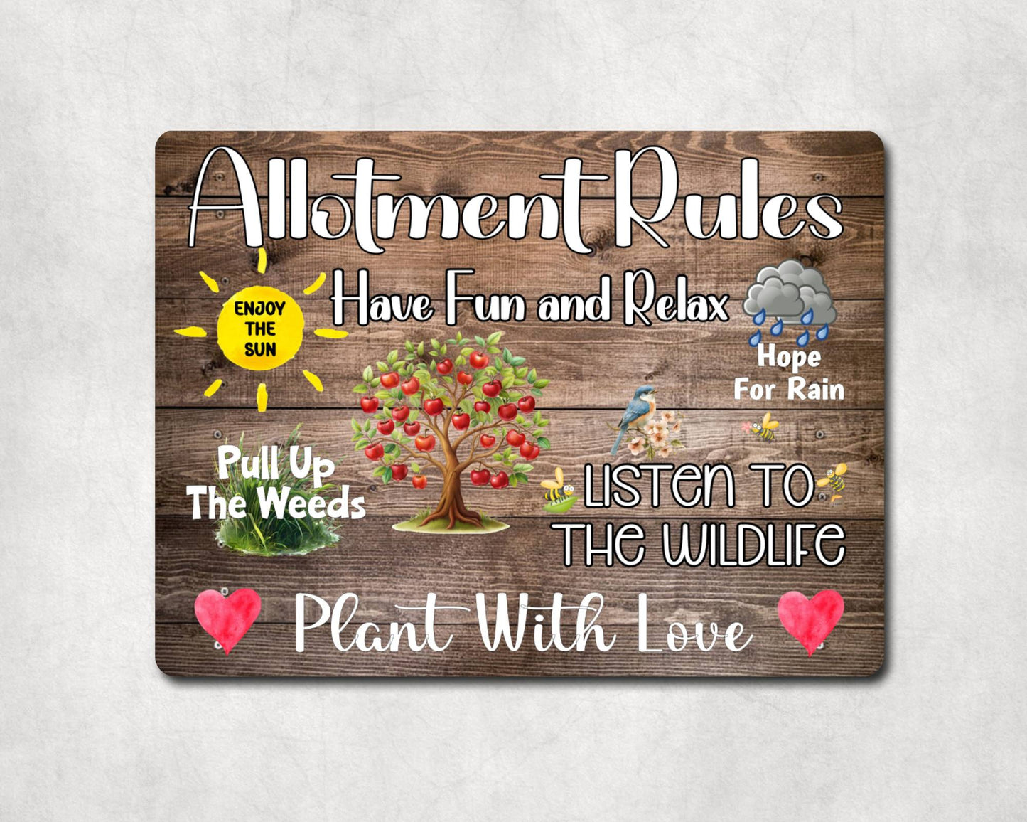 Garden Metal Sign Gift - Allotment Rules - Plant With Love - Wood - Cute Fun Novelty Family Aluminium Present