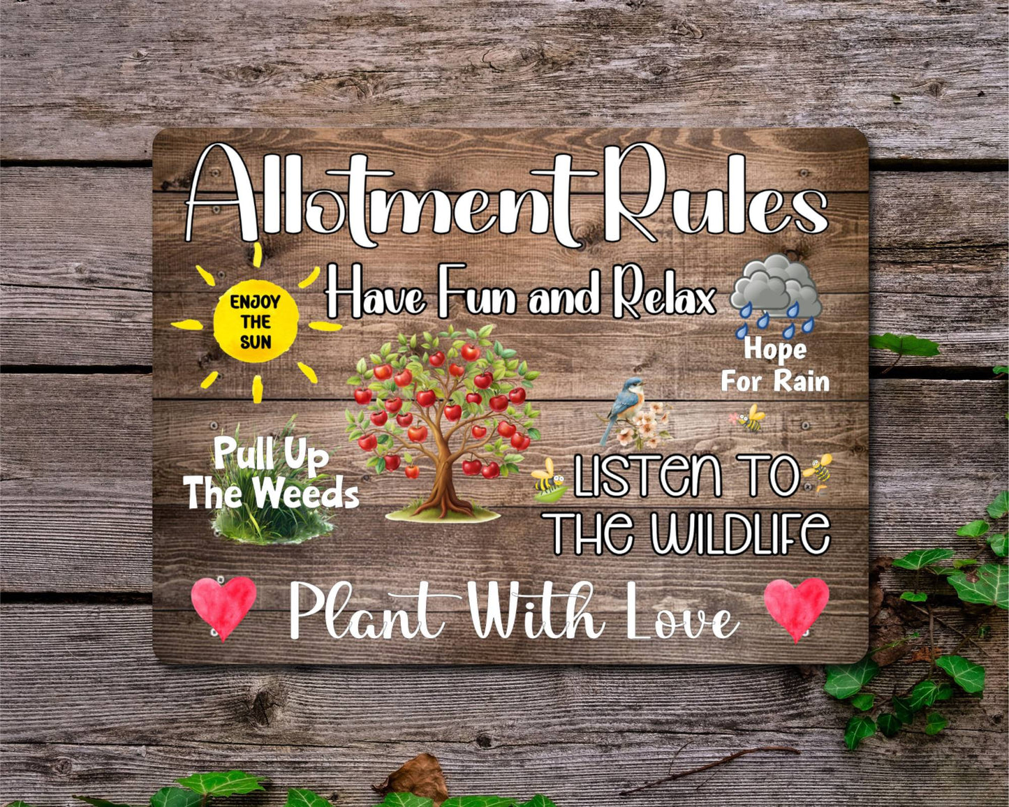 Garden Metal Sign Gift - Allotment Rules - Plant With Love - Wood - Cute Fun Novelty Family Aluminium Present