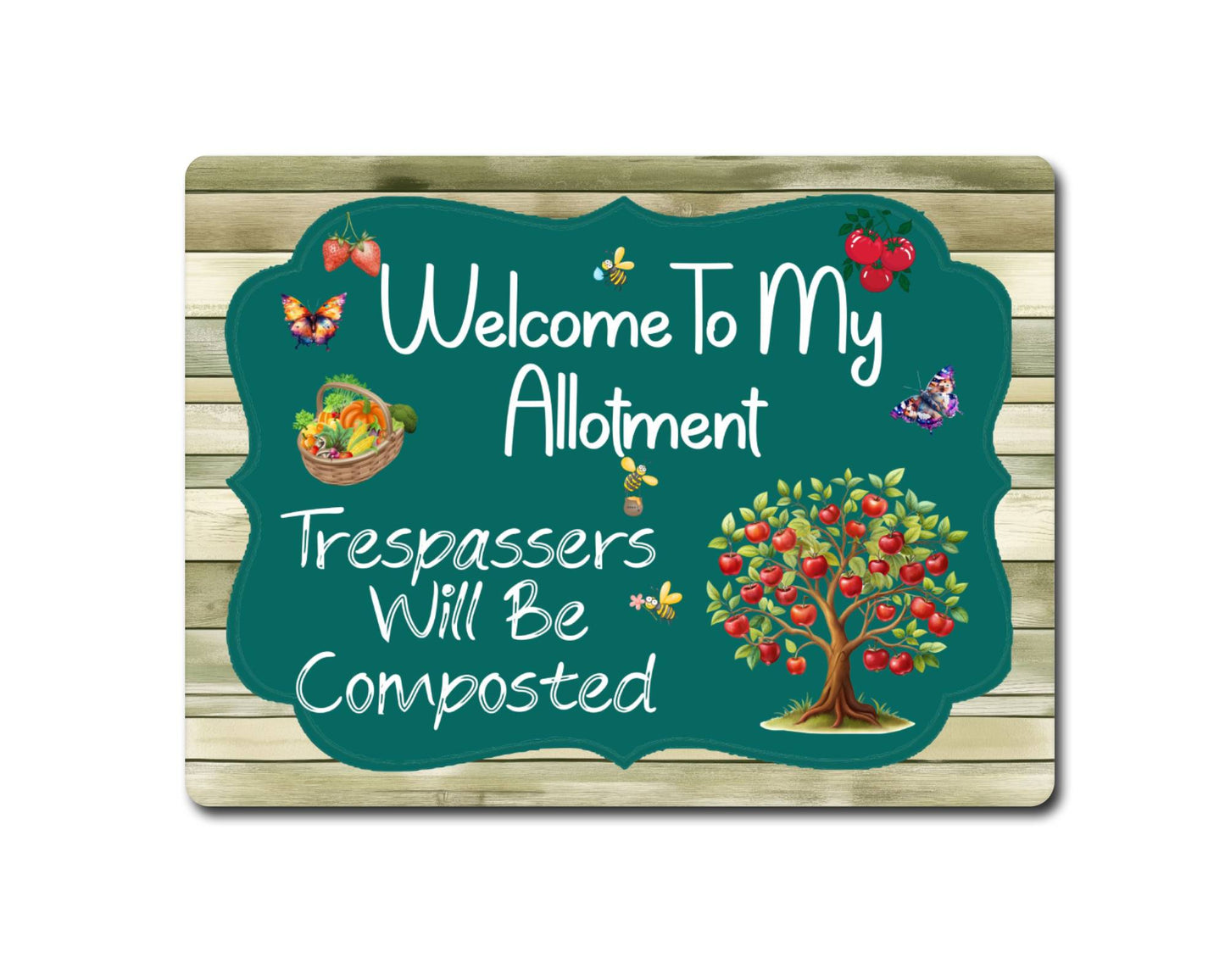 Gardening Metal Sign Gift - Welcome To My Allotment - Trespassers Will Be Composted - Cute Fun Novelty Family Aluminium Present