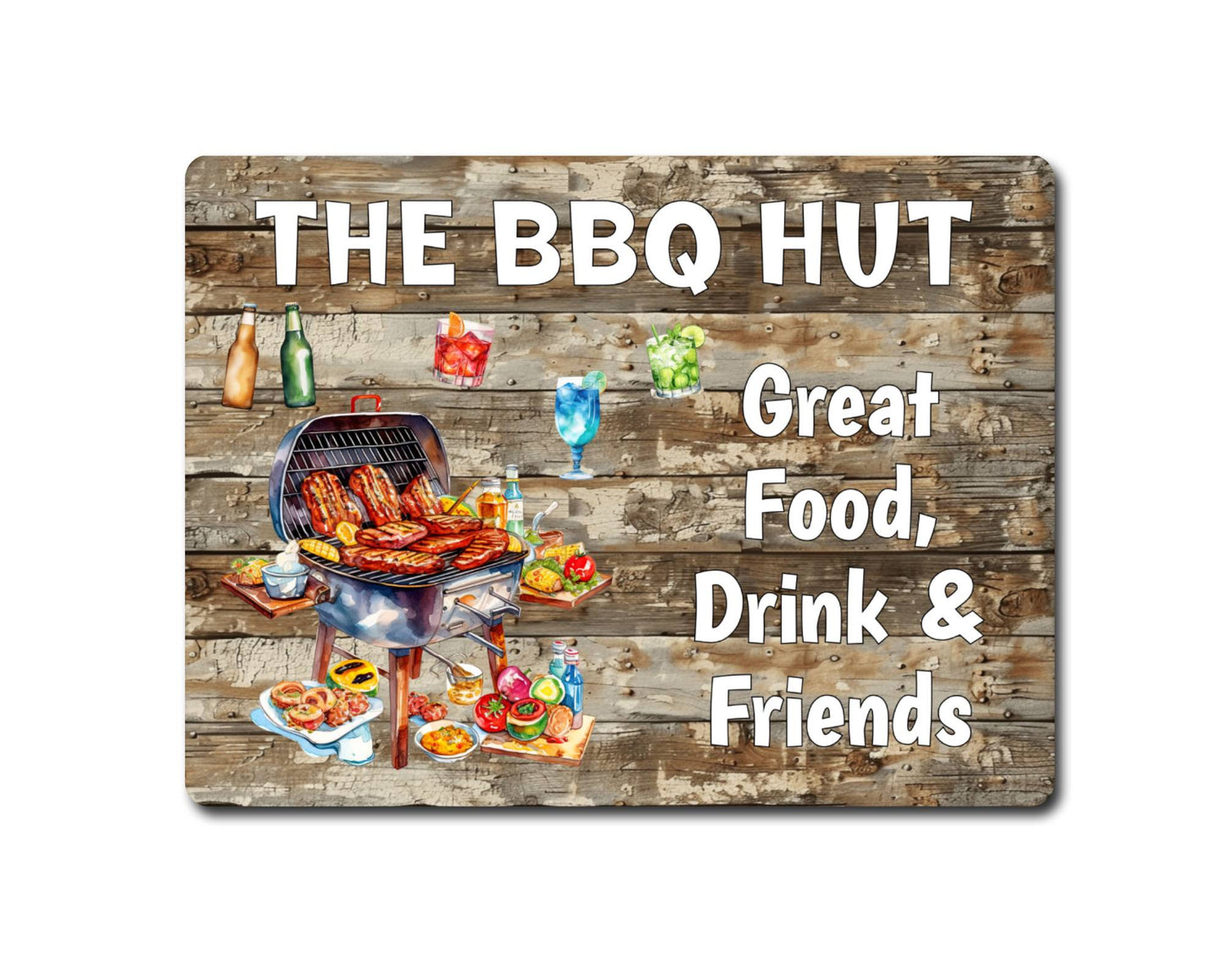 Garden Food Metal Sign Gift - The BBQ Hut - Great Food Drink & Friends - Cute Fun Novelty Family Drink Aluminium Present