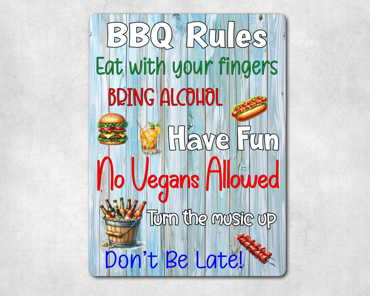 Garden Food Metal Sign Gift - BBQ Rules - Bring Alcohol - Cute Fun Novelty Family Drink Aluminium Present