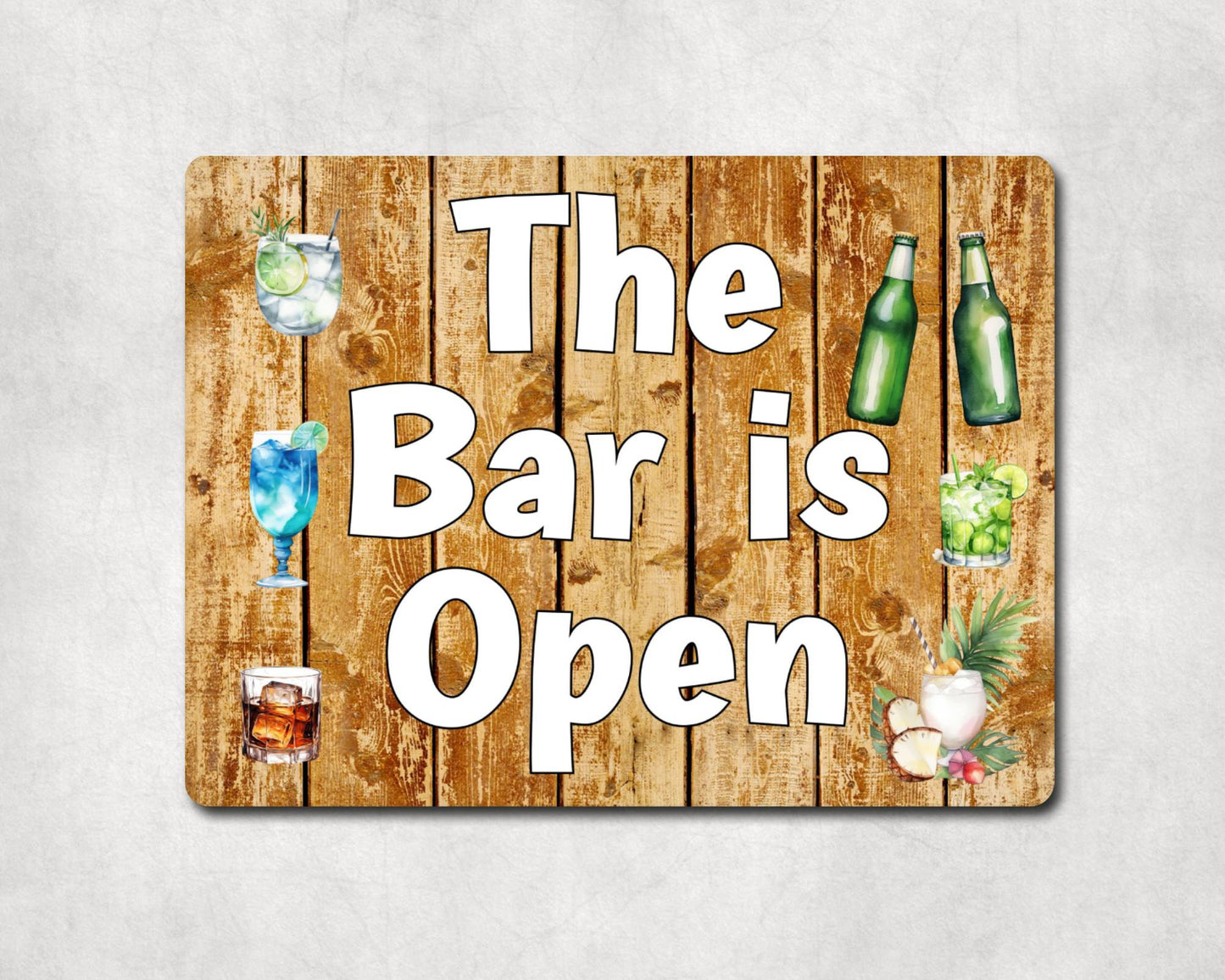 Garden Alcohol Metal Sign Gift - The Bar Is Open - Cute Fun Novelty Family Aluminium Present