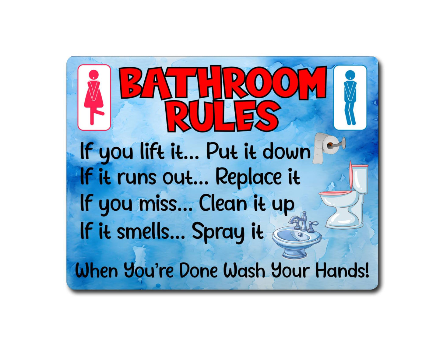 Bathroom Metal Sign Gift - Bathroom Rules - If You Lift It Put It Down - Blue - Cute Fun Novelty Aluminium Present