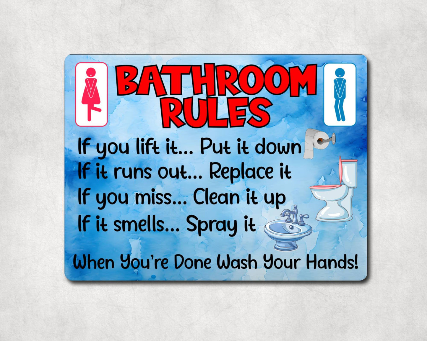 Bathroom Metal Sign Gift - Bathroom Rules - If You Lift It Put It Down - Blue - Cute Fun Novelty Aluminium Present