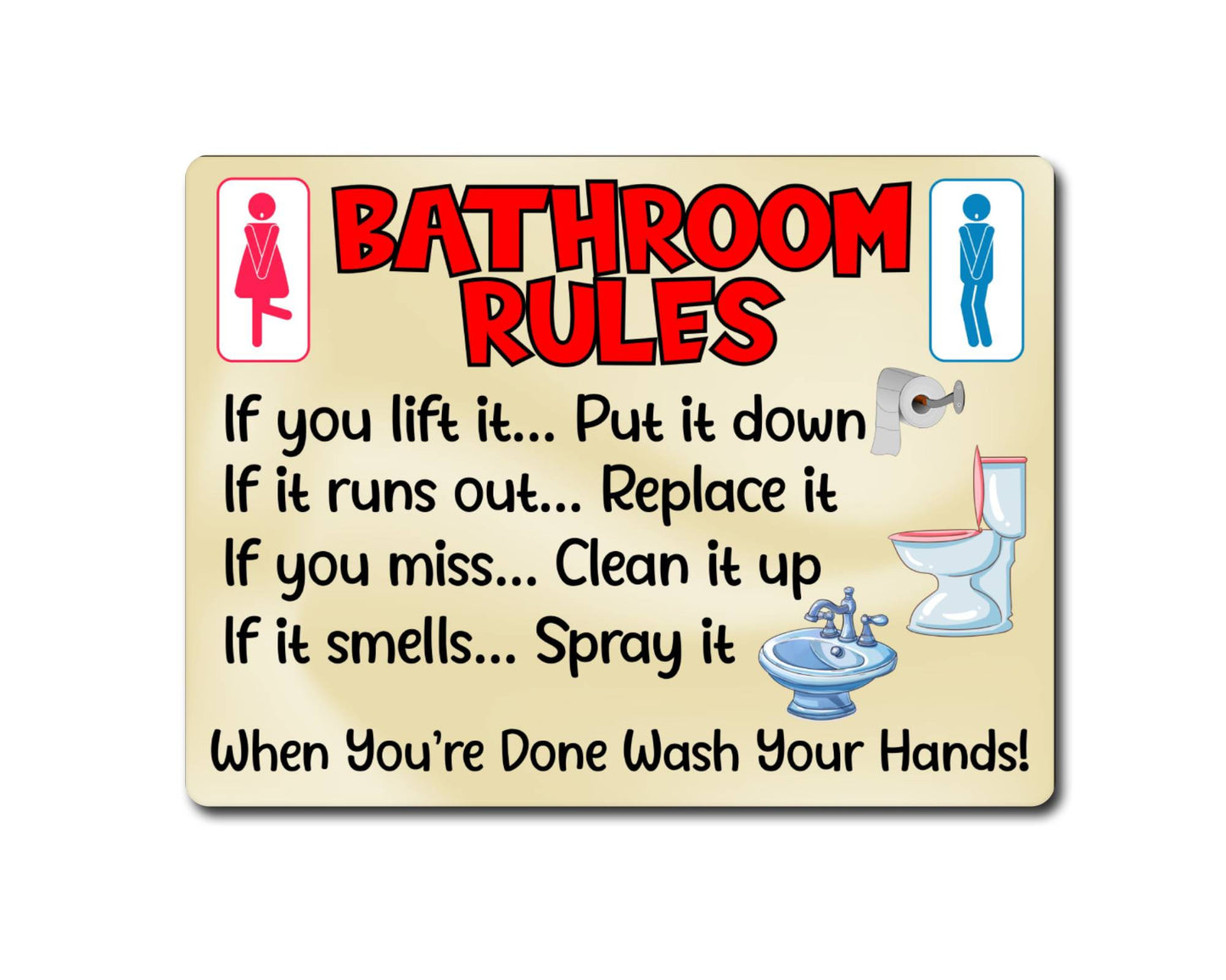 Bathroom Metal Sign Gift - Bathroom Rules - If You Lift It Put It Down - Cream - Cute Fun Novelty Aluminium Present
