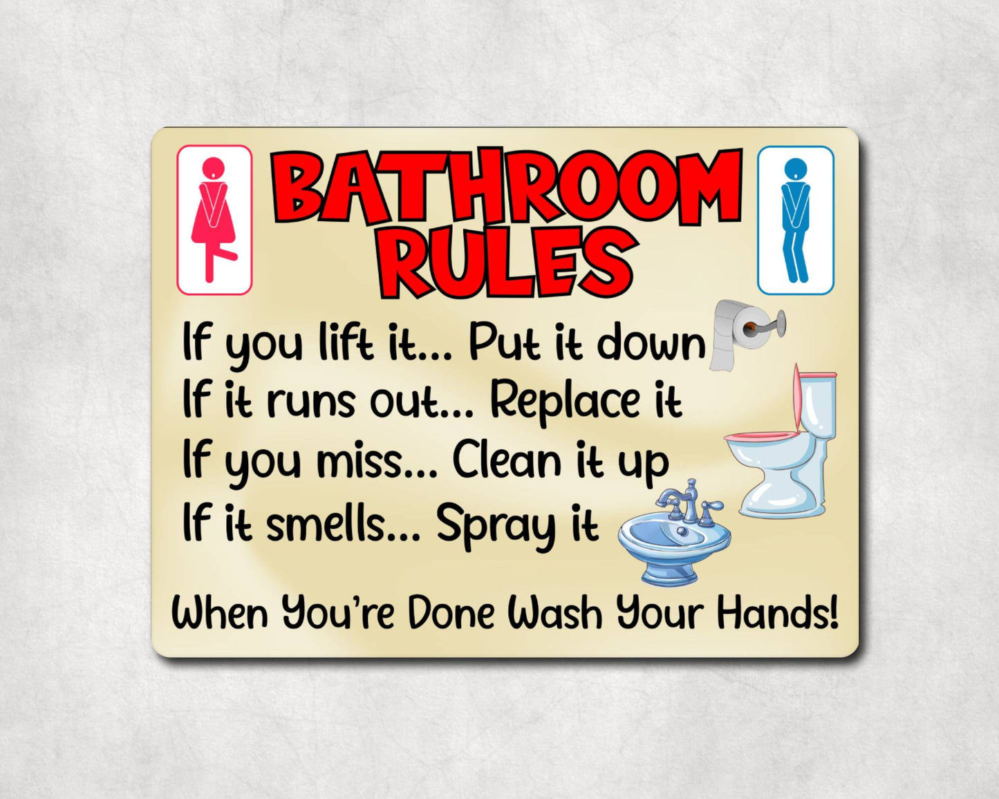 Bathroom Metal Sign Gift - Bathroom Rules - If You Lift It Put It Down - Cream - Cute Fun Novelty Aluminium Present