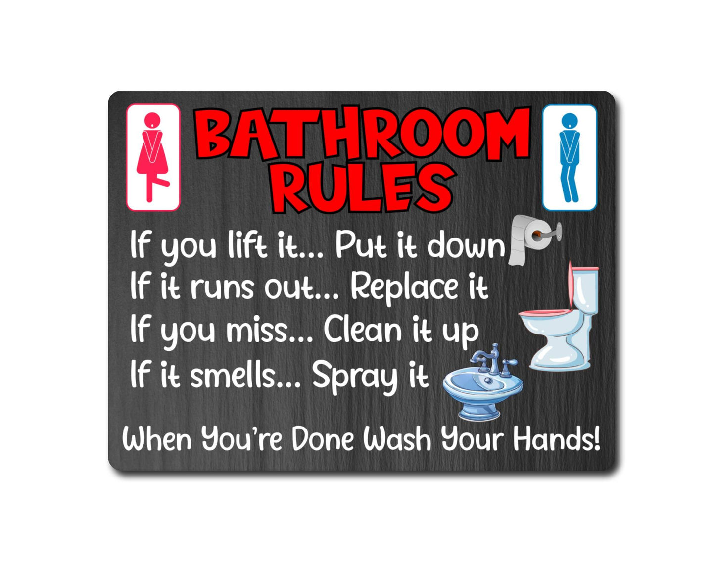 Bathroom Metal Sign Gift - Bathroom Rules - If You Lift It Put It Down - Dark Grey - Cute Fun Novelty Aluminium Present
