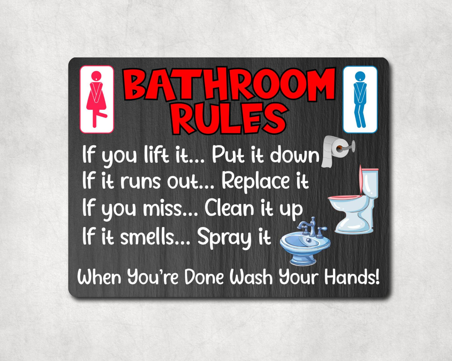 Bathroom Metal Sign Gift - Bathroom Rules - If You Lift It Put It Down - Dark Grey - Cute Fun Novelty Aluminium Present