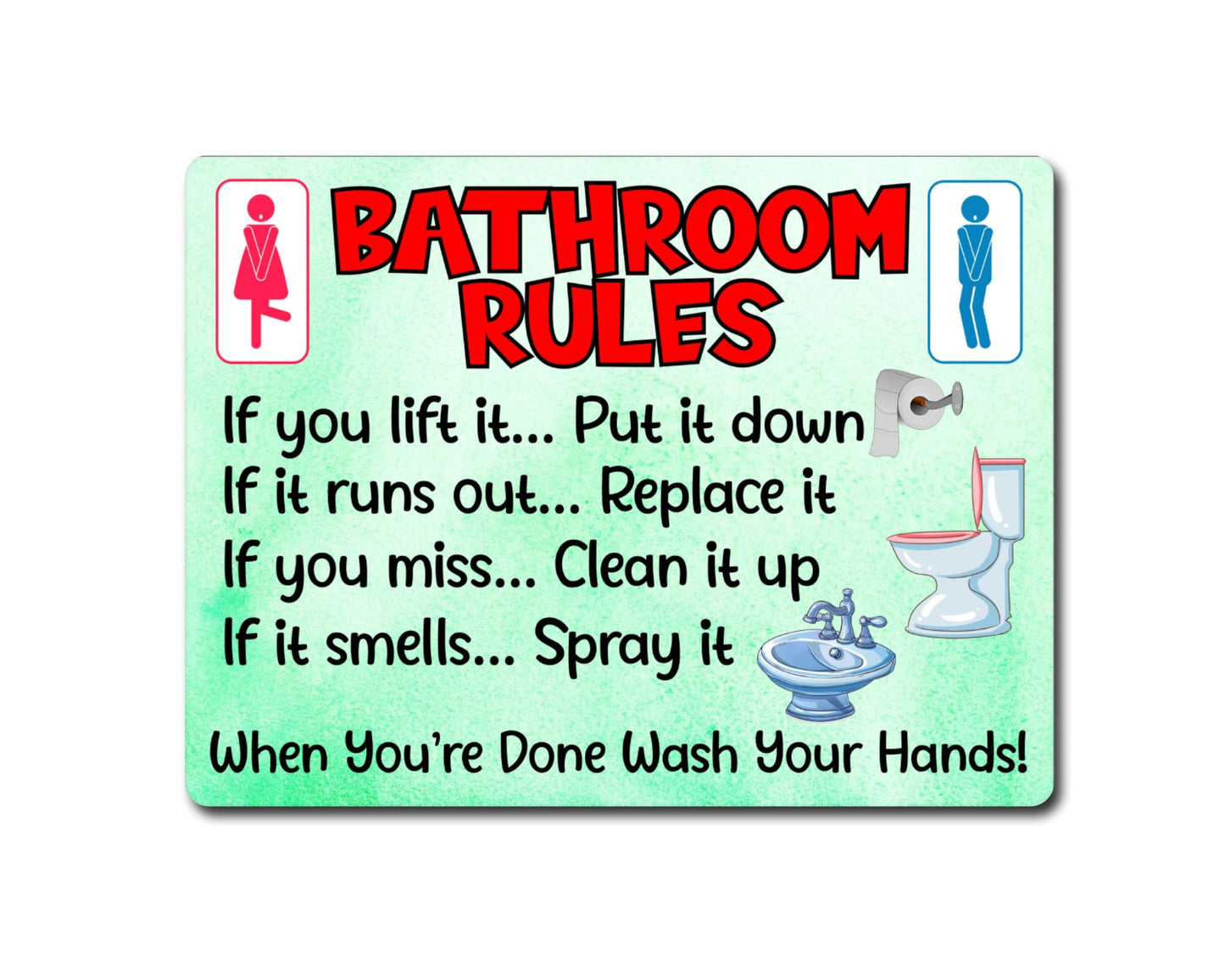 Bathroom Metal Sign Gift - Bathroom Rules - If You Lift It Put It Down - Green - Cute Fun Novelty Aluminium Present