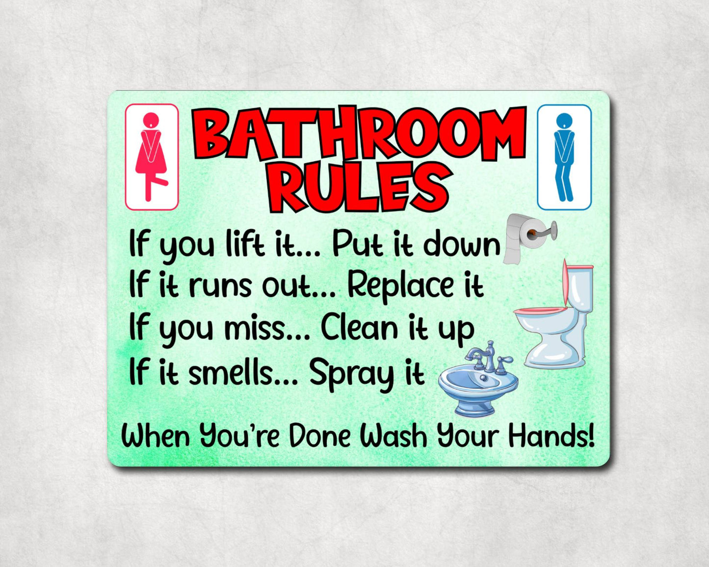 Bathroom Metal Sign Gift - Bathroom Rules - If You Lift It Put It Down - Green - Cute Fun Novelty Aluminium Present