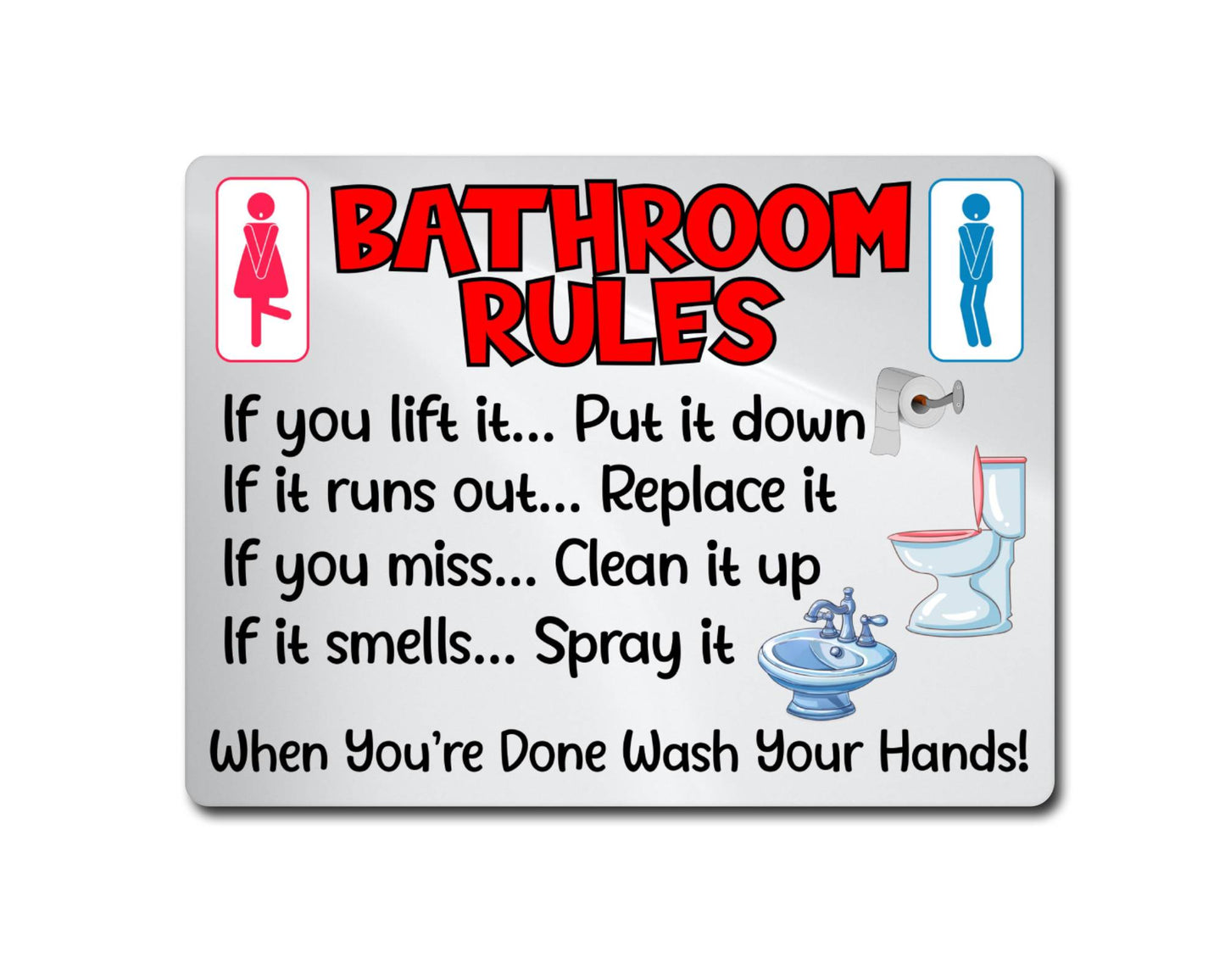 Bathroom Metal Sign Gift - Bathroom Rules - If You Lift It Put It Down - Light Grey - Cute Fun Novelty Aluminium Present