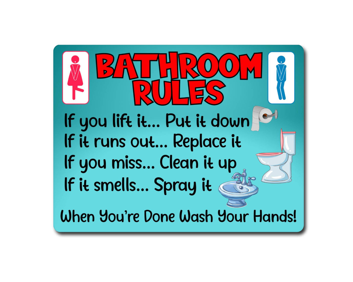 Bathroom Metal Sign Gift - Bathroom Rules - If You Lift It Put It Down - Turquoise - Cute Fun Novelty Aluminium Present