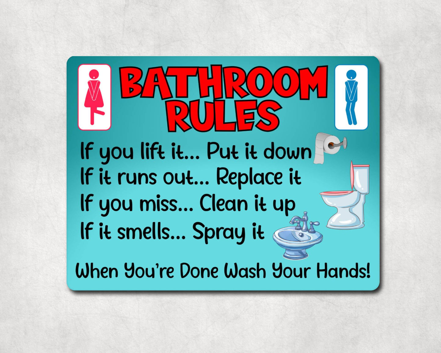 Bathroom Metal Sign Gift - Bathroom Rules - If You Lift It Put It Down - Turquoise - Cute Fun Novelty Aluminium Present