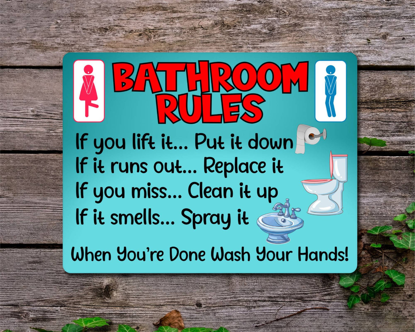 Bathroom Metal Sign Gift - Bathroom Rules - If You Lift It Put It Down - Turquoise - Cute Fun Novelty Aluminium Present