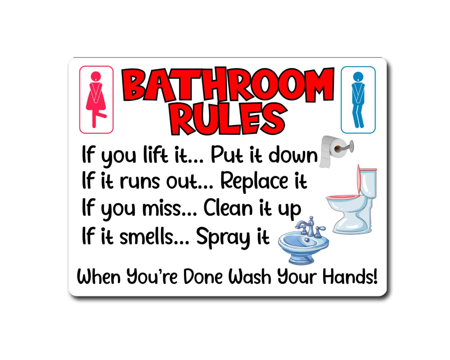 Bathroom Metal Sign Gift - Bathroom Rules - If You Lift It Put It Down - White - Cute Fun Novelty Aluminium Present