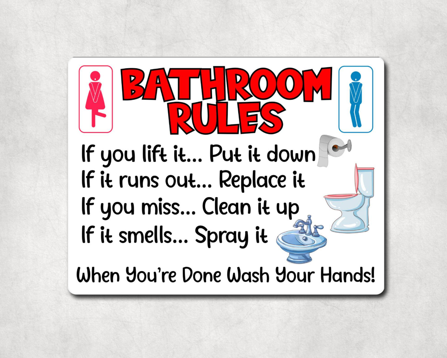 Bathroom Metal Sign Gift - Bathroom Rules - If You Lift It Put It Down - White - Cute Fun Novelty Aluminium Present