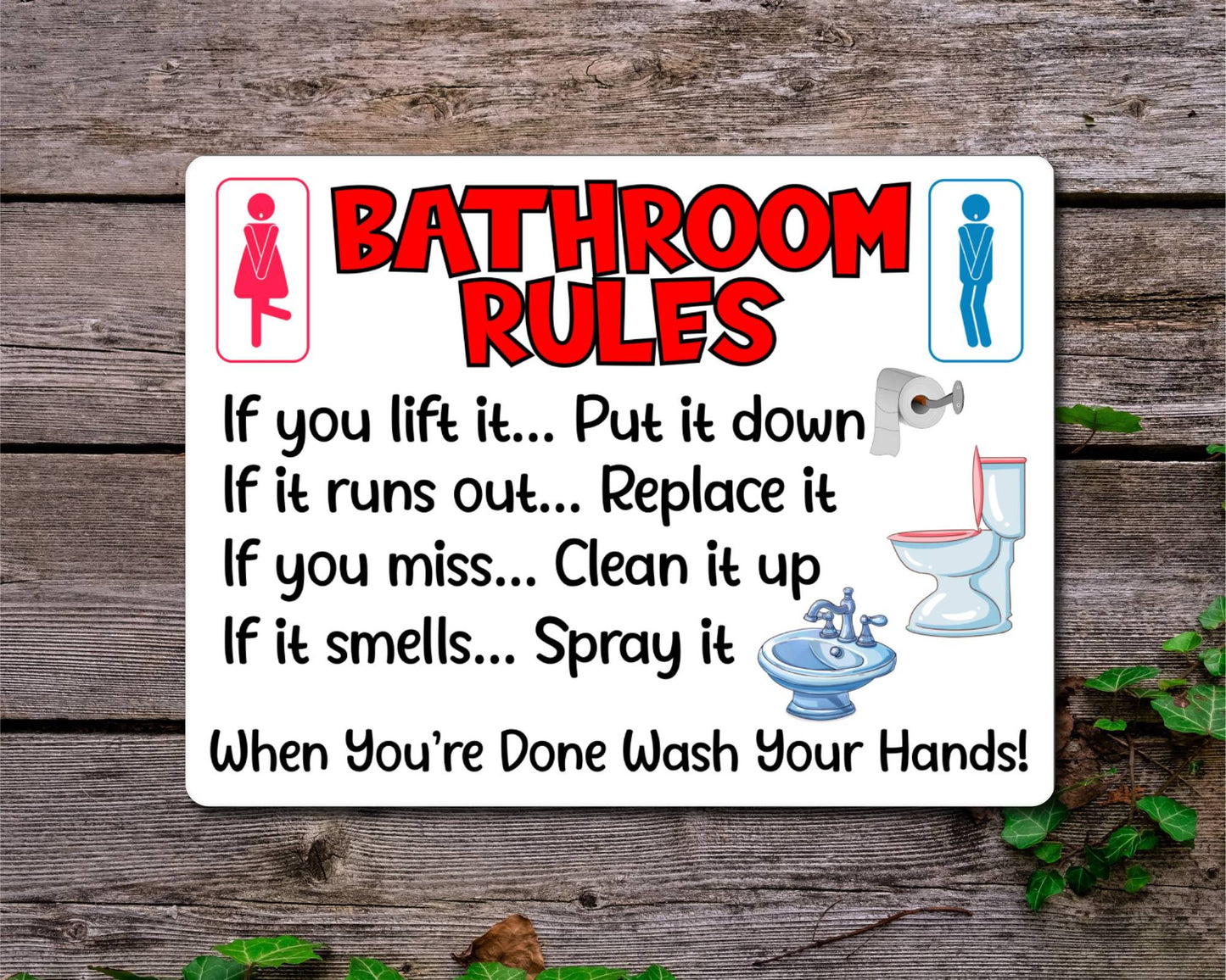 Bathroom Metal Sign Gift - Bathroom Rules - If You Lift It Put It Down - White - Cute Fun Novelty Aluminium Present