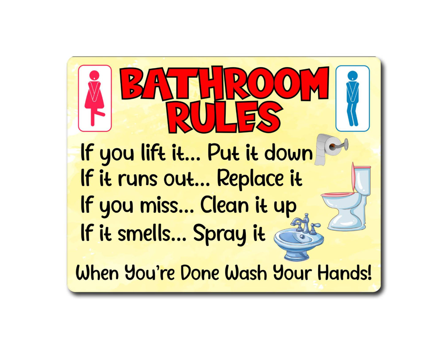 Bathroom Metal Sign Gift - Bathroom Rules - If You Lift It Put It Down - Yellow - Cute Fun Novelty Aluminium Present