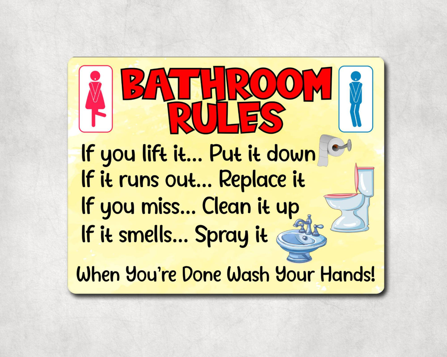 Bathroom Metal Sign Gift - Bathroom Rules - If You Lift It Put It Down - Yellow - Cute Fun Novelty Aluminium Present