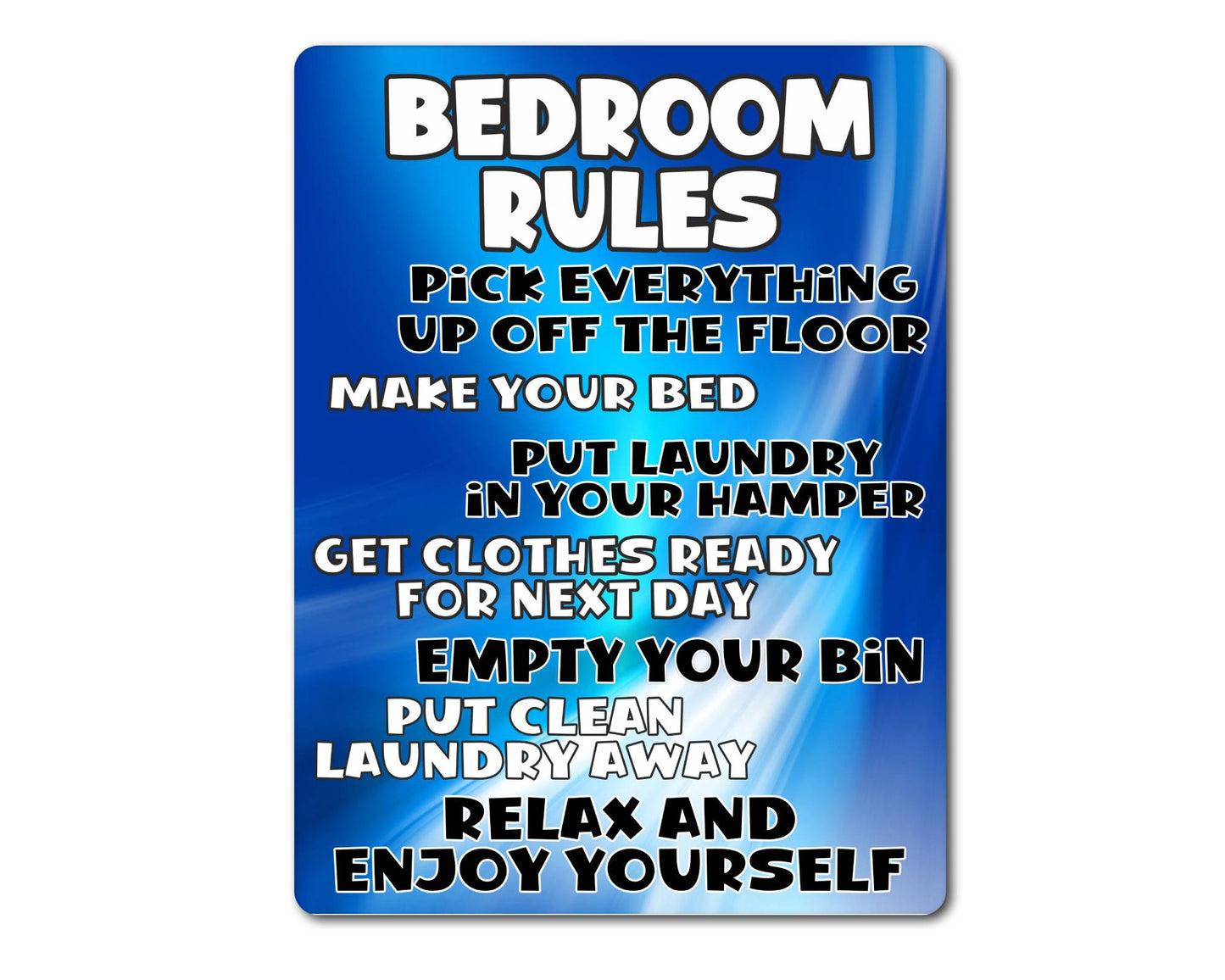 Bedroom Metal Sign Gift - Bedroom Rules - Relax And Enjoy Yourself - Blue - Cute Fun Novelty Aluminium Present