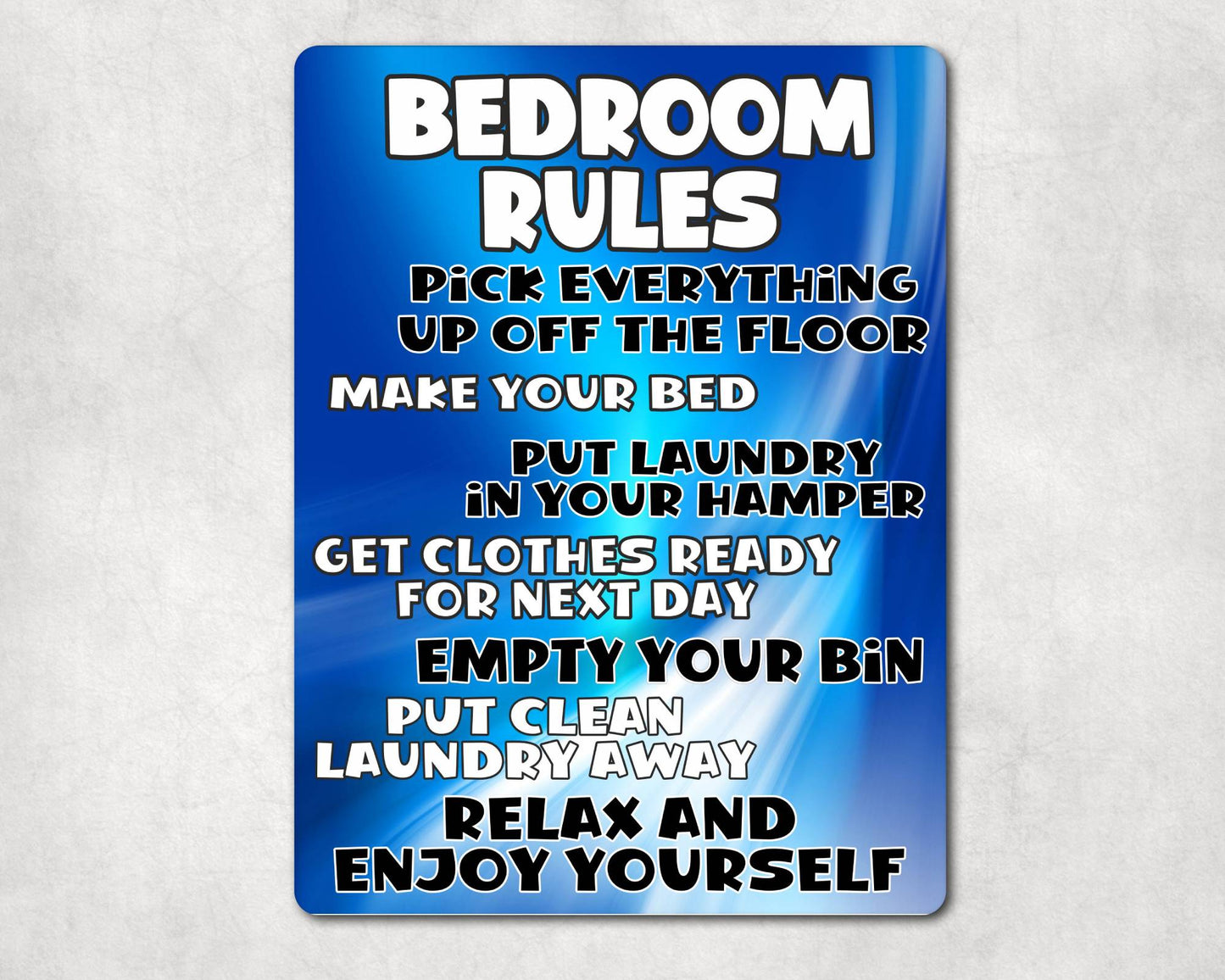 Bedroom Metal Sign Gift - Bedroom Rules - Relax And Enjoy Yourself - Blue - Cute Fun Novelty Aluminium Present