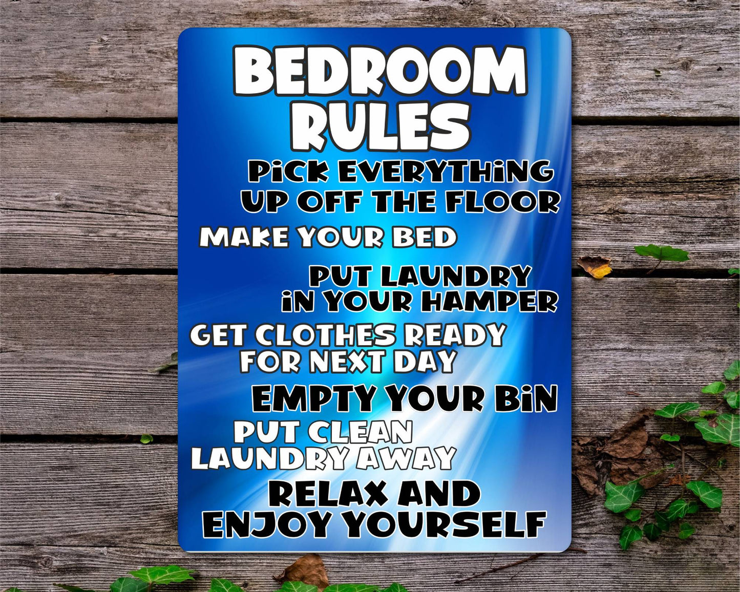 Bedroom Metal Sign Gift - Bedroom Rules - Relax And Enjoy Yourself - Blue - Cute Fun Novelty Aluminium Present