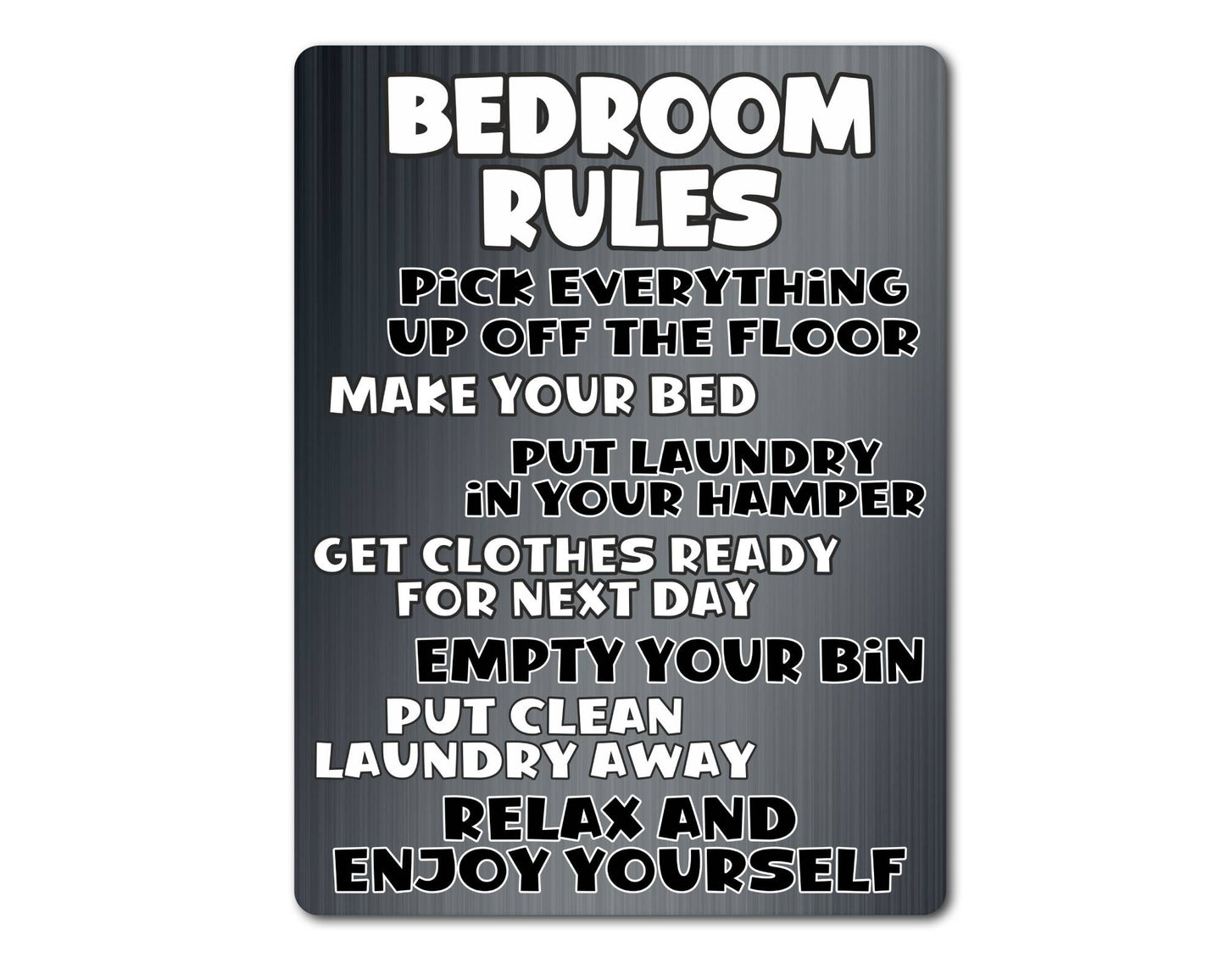 Bedroom Metal Sign Gift - Bedroom Rules - Relax And Enjoy Yourself - Grey - Cute Fun Novelty Aluminium Present