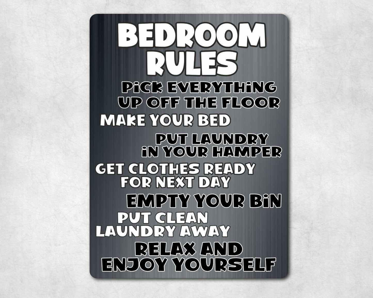 Bedroom Metal Sign Gift - Bedroom Rules - Relax And Enjoy Yourself - Grey - Cute Fun Novelty Aluminium Present