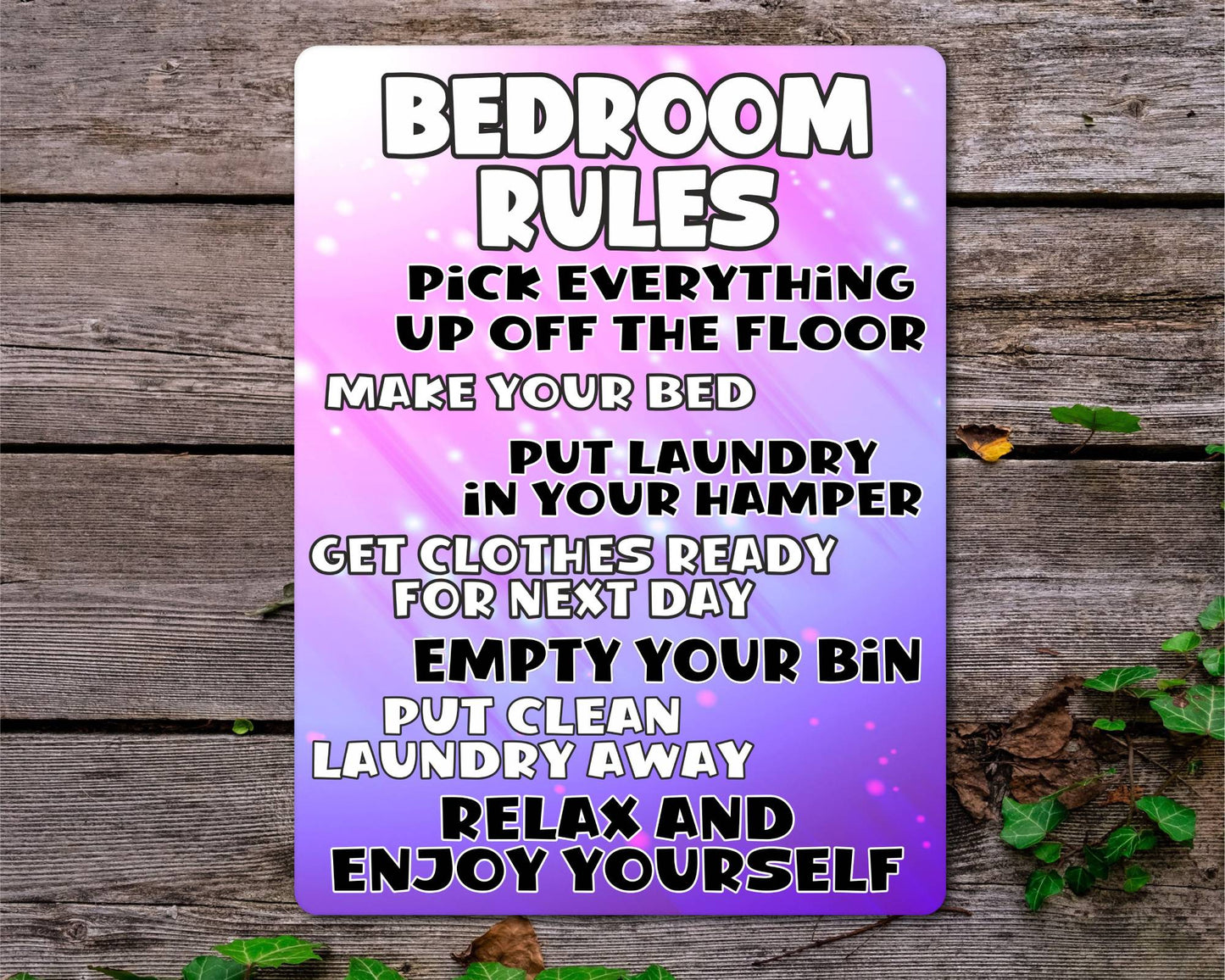Bedroom Metal Sign Gift - Bedroom Rules - Relax And Enjoy Yourself - Pink - Cute Fun Novelty Aluminium Present