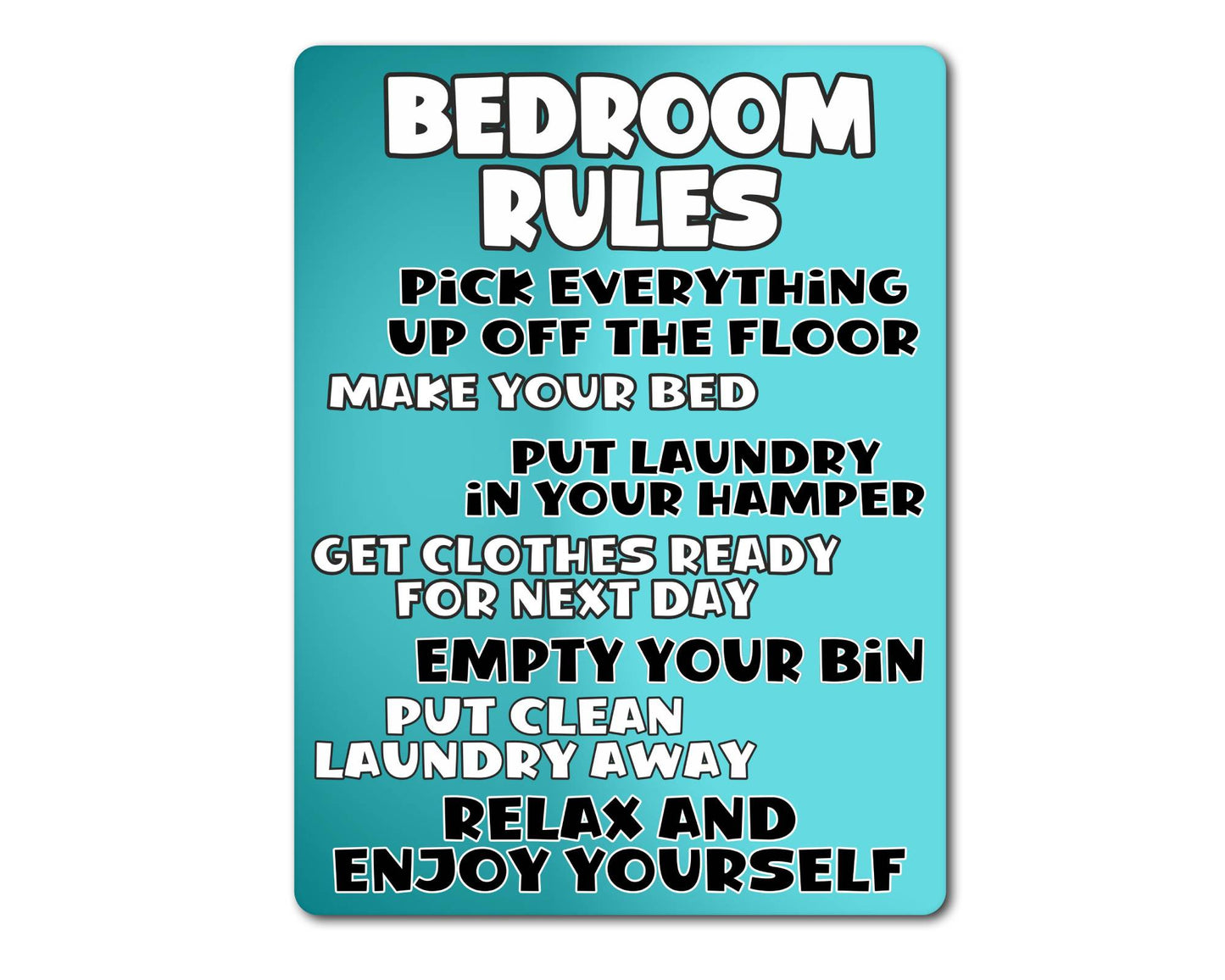 Bedroom Metal Sign Gift - Bedroom Rules - Relax And Enjoy Yourself - Turquoise - Cute Fun Novelty Aluminium Present