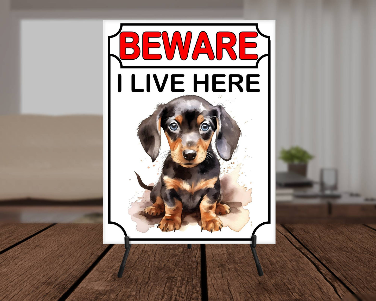 Dachshund Metal Sign Gift - Beware I Live Here - Cute Fun Novelty Animal Aluminium Present