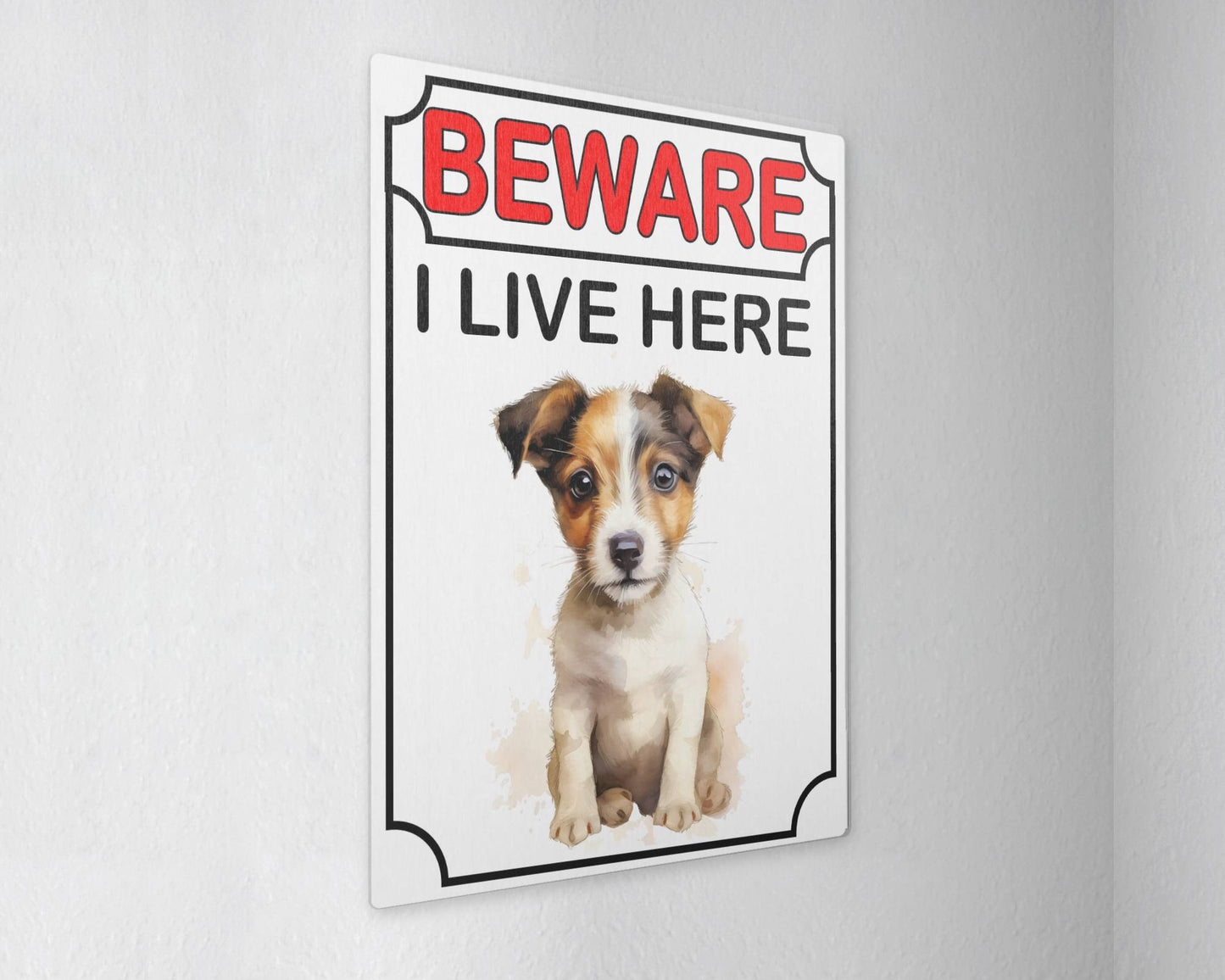 Jack Russell Metal Sign Gift - Beware I Live Here - Cute Fun Novelty Animal Aluminium Present