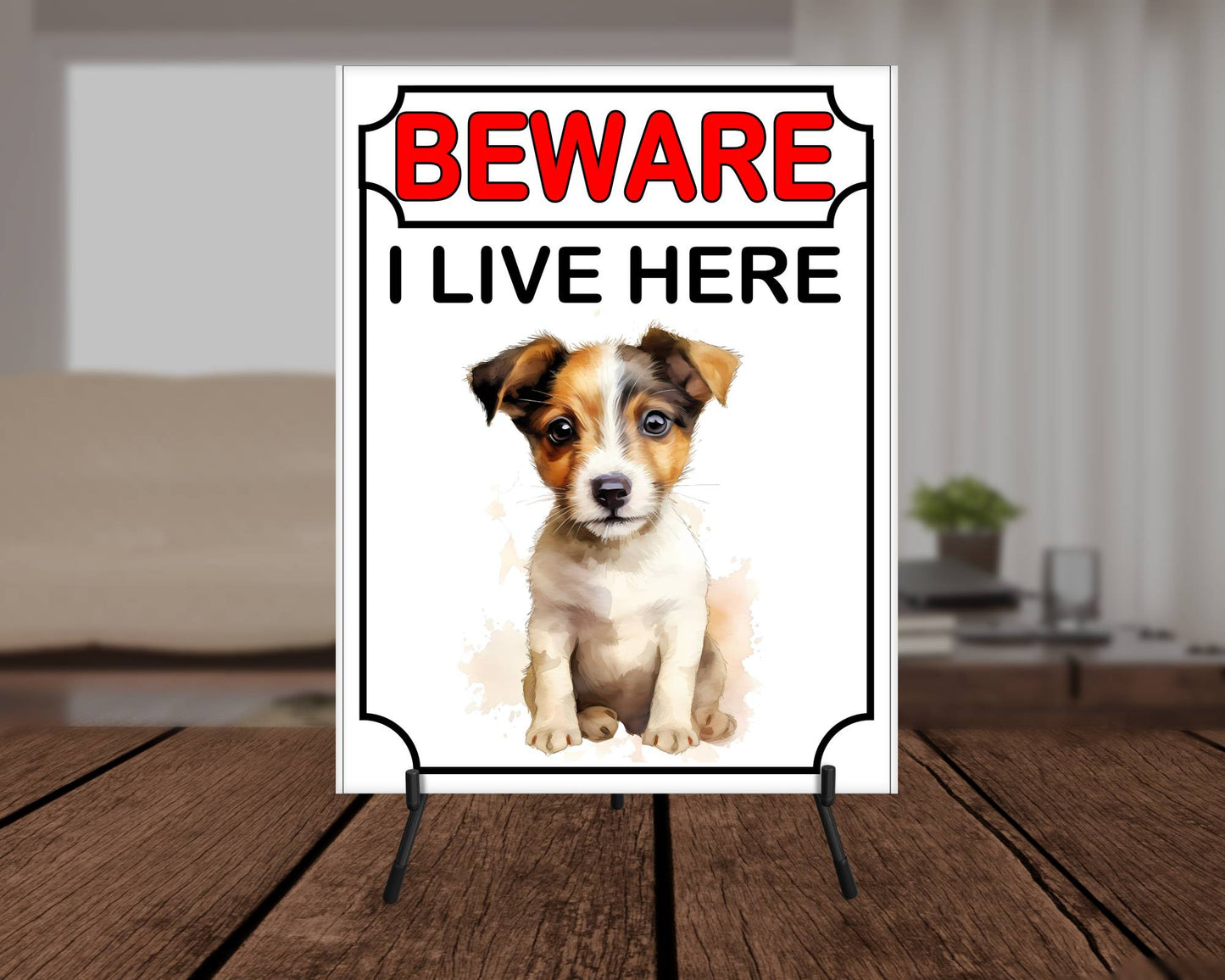 Jack Russell Metal Sign Gift - Beware I Live Here - Cute Fun Novelty Animal Aluminium Present