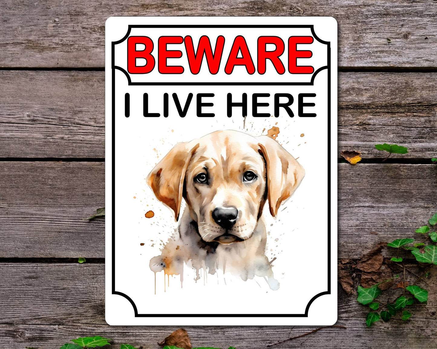 Labrador Metal Sign Gift - Beware I Live Here - Cute Fun Novelty Animal Aluminium Present