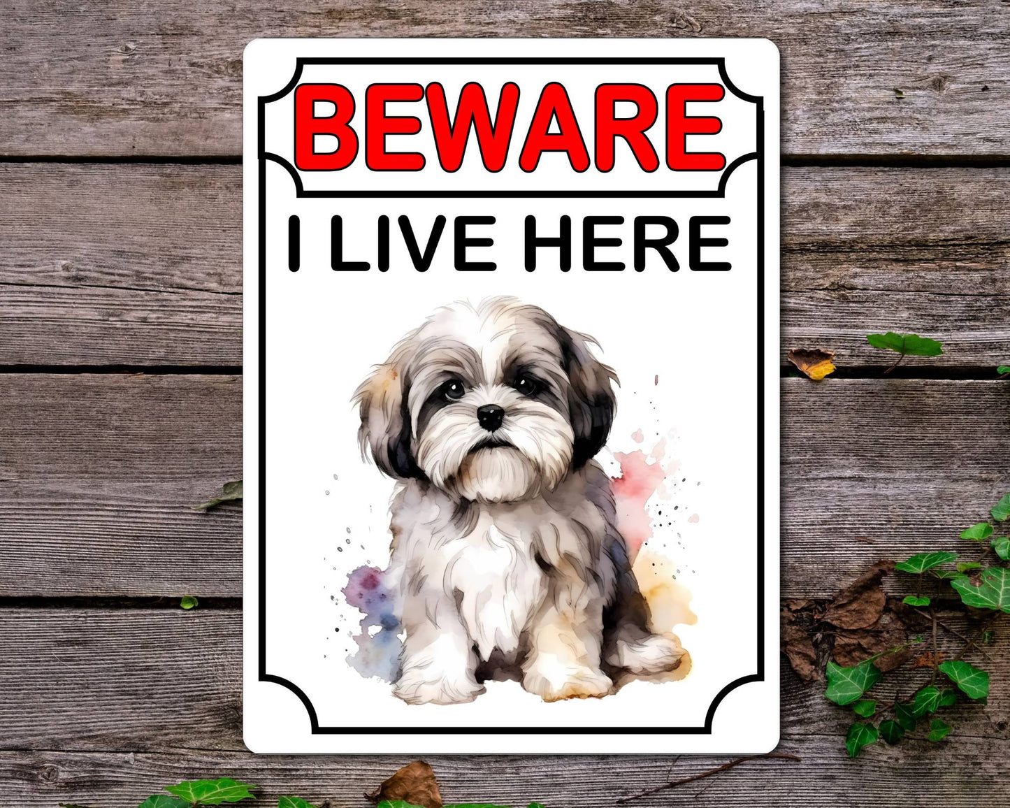 Lhasa Apso Metal Sign Gift - Beware I Live Here - Cute Fun Novelty Animal Aluminium Present