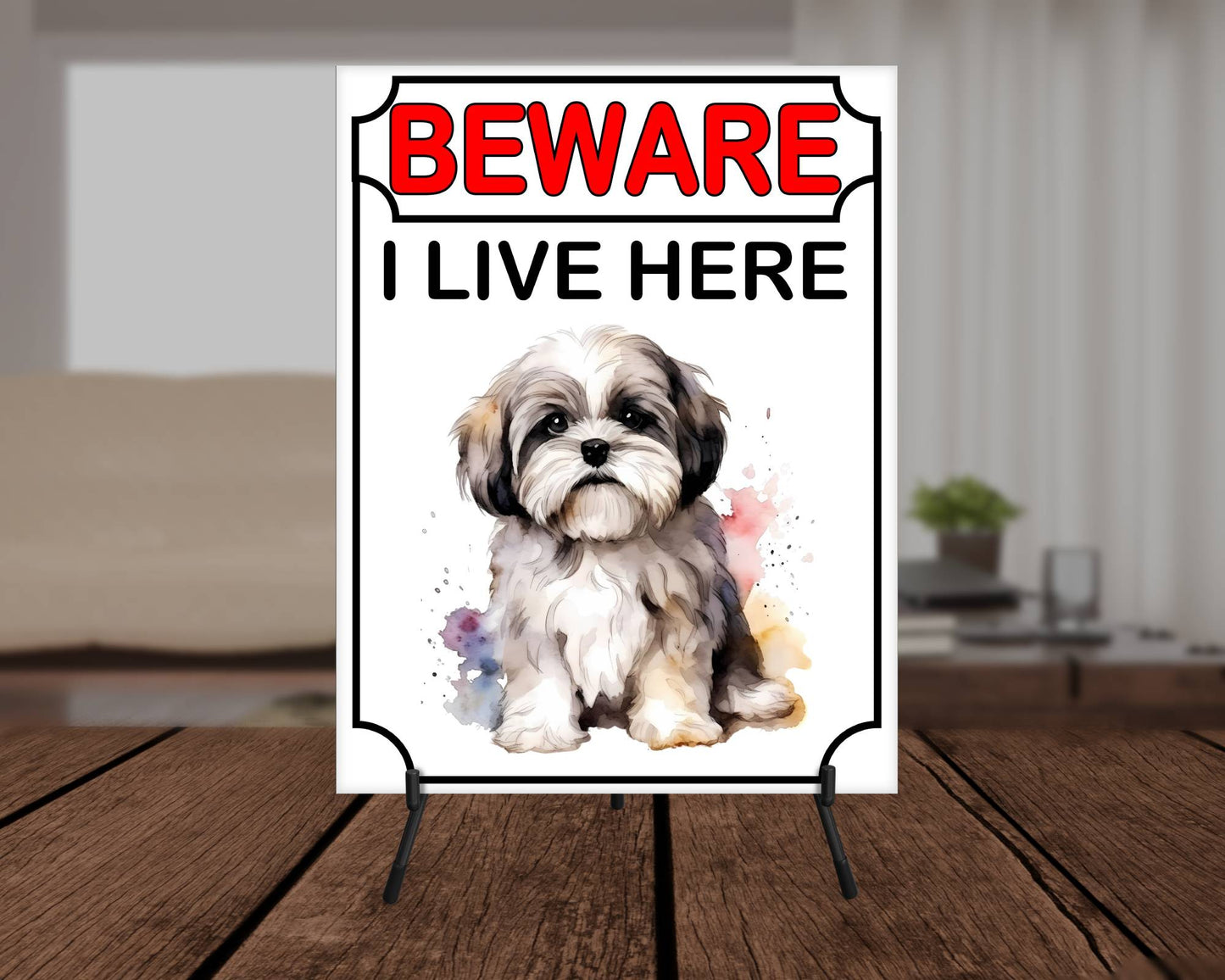 Lhasa Apso Metal Sign Gift - Beware I Live Here - Cute Fun Novelty Animal Aluminium Present